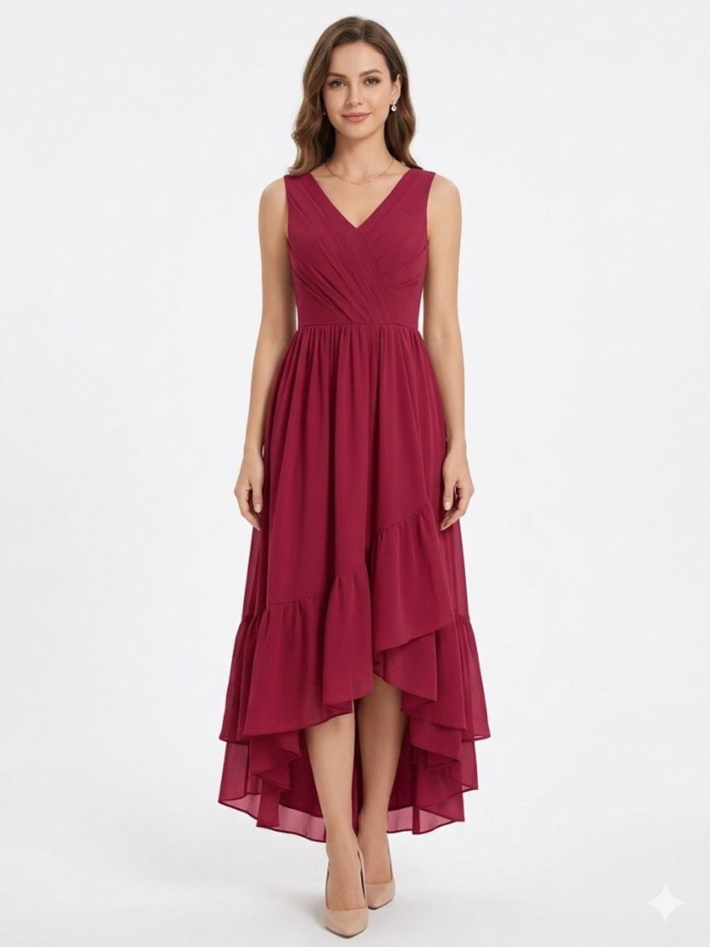 NWT JJ’S HOUSE Burgundy Chiffon Asymmetrical High Low Dress J16/12 formal party